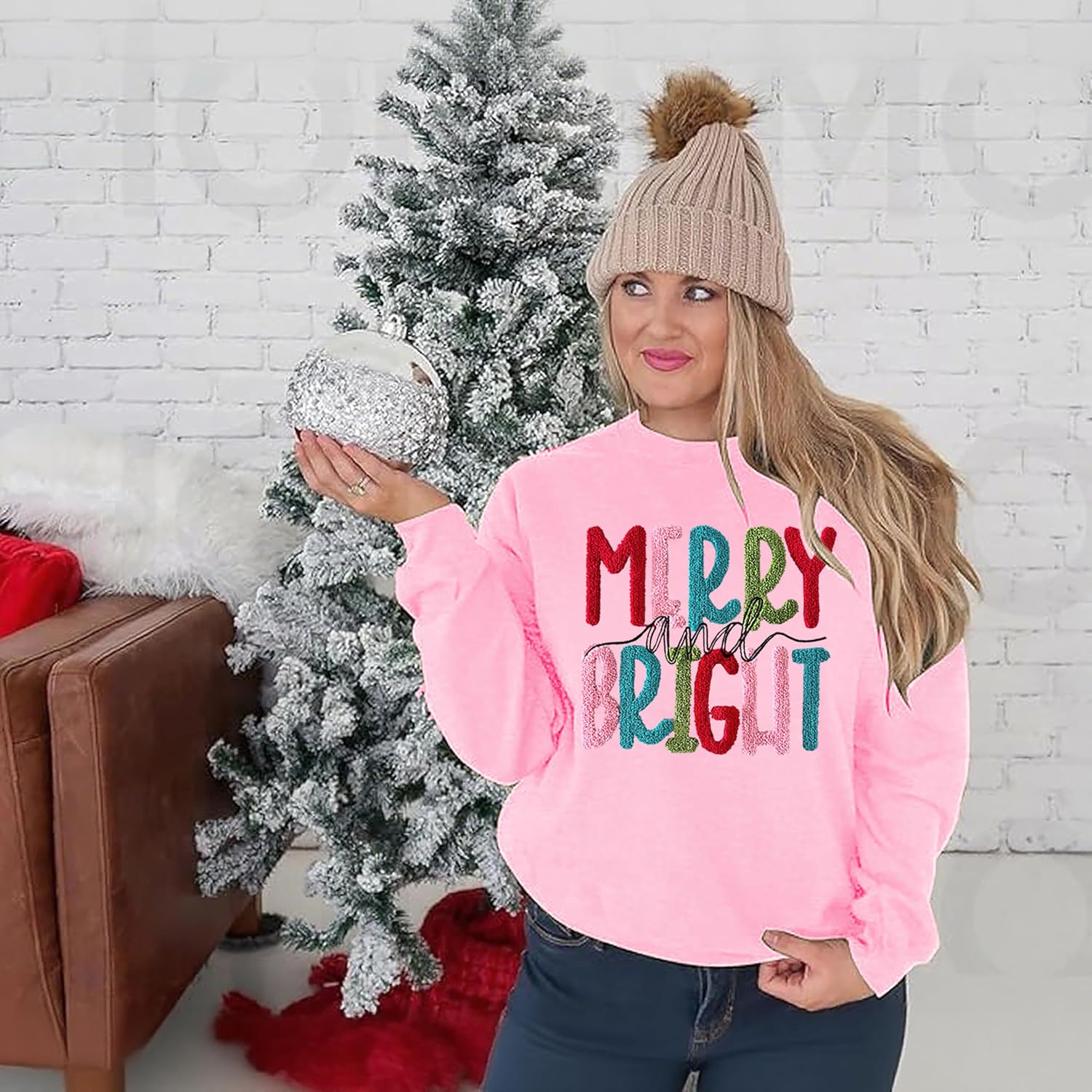 Merry Christmas Sweatshirts Women Merry And Bright Christmas Pullover Top Chenille Patch Letter Printed Xmas Gifts Top
